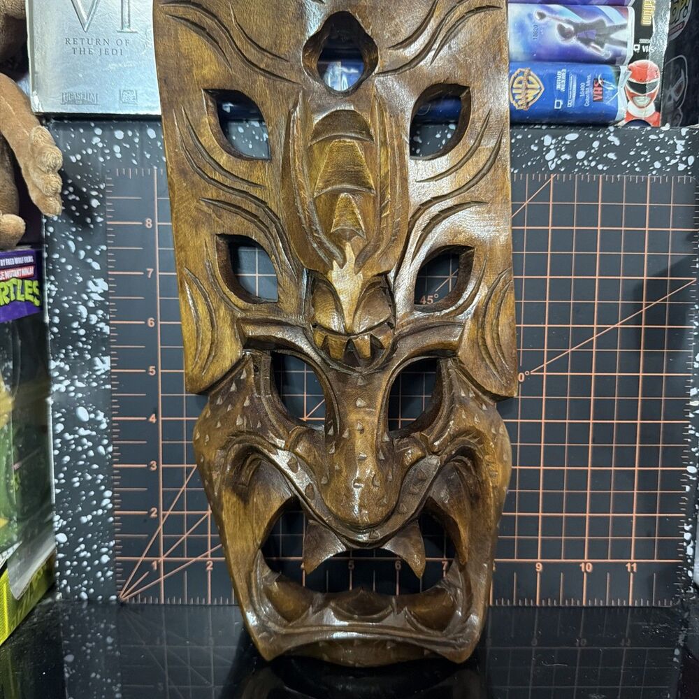 Vintage Indonesian Hand Carved Wood Dragon Demon Mask Tribal Mask Art 14 In.